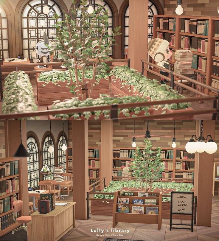 the interior of a library with bookshelves, desks and trees in it