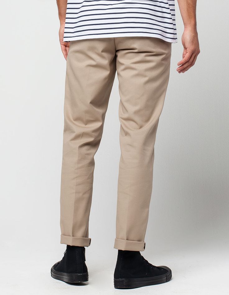 Dickies 850 slim taper flex pants. Slant front pockets with button welt back pockets. Zip fly with contrast trim at zipper. Button waist. Approx leg opening: 14"(36cm). 65% polyester/35% cotton. Machine wash. Imported. Air Force Fits, Mens Pants Details, Khaki Pants Outfit Men, Spring Office Outfits, Khaki Pants Outfit, Army Fatigue, Pants Outfit Men, Khaki Pants Men, Work Uniforms