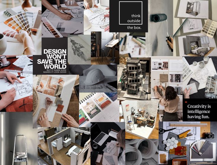 a collage of photos with people working on architectural drawings and other things in the background