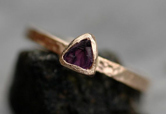 This ring is made to your specifications upon ordering. The ring in the photos is sold- yours will be custom built for you by me, in my studio. I have hand-cut this rich, deep purple Brazilian amethyst into a trilliant shape. The amethyst was set into a hand-built bezel, and set onto a February Baby, Pink Garnet, Rough Diamond Ring, Gorgeous Engagement Ring, Raw Amethyst, 18k Gold Ring, Raw Gemstones, Semi Precious Gemstones, Deep Purple