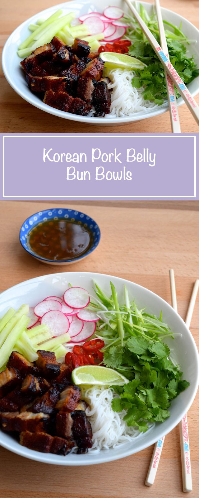 korean pork belly bun bowls with rice and veggies on the side, served with chopsticks