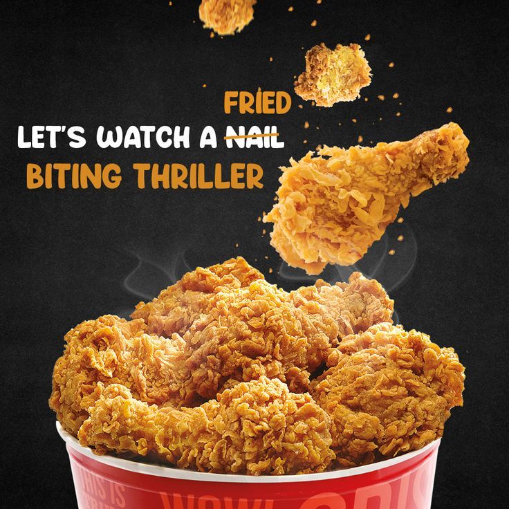 the fried chicken is being served in a red bucket with words above it that read, let's watch a nail biting thiller