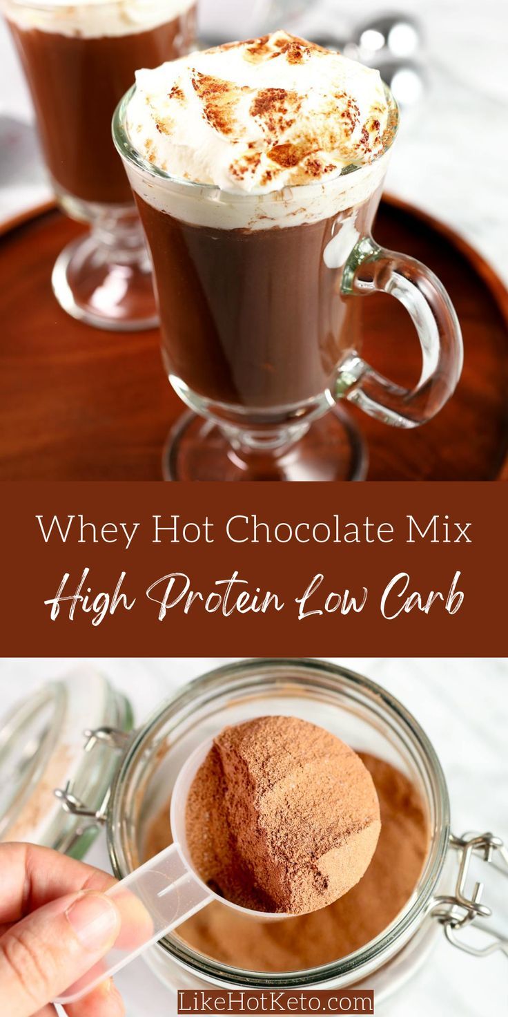 Protein keto hot chocolate topped with whipped cream and cocoa powder in a glass mug, and homemade protein hot cocoa powder mix in a mason jar with a protein scoop. Low Carb Hot Chocolate Mix Recipe, Whey Protein Smoothie Recipes, Homemade Whey, Protein Hot Chocolate, Whey Protein Smoothies, Protein Snacks Recipes, Whey Protein Recipes, Hot Cocoa Mix Recipe, Hot Chocolate Mix Recipe