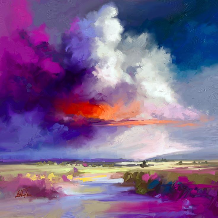 an abstract painting of purple, red and yellow clouds over a body of water with grass in the foreground