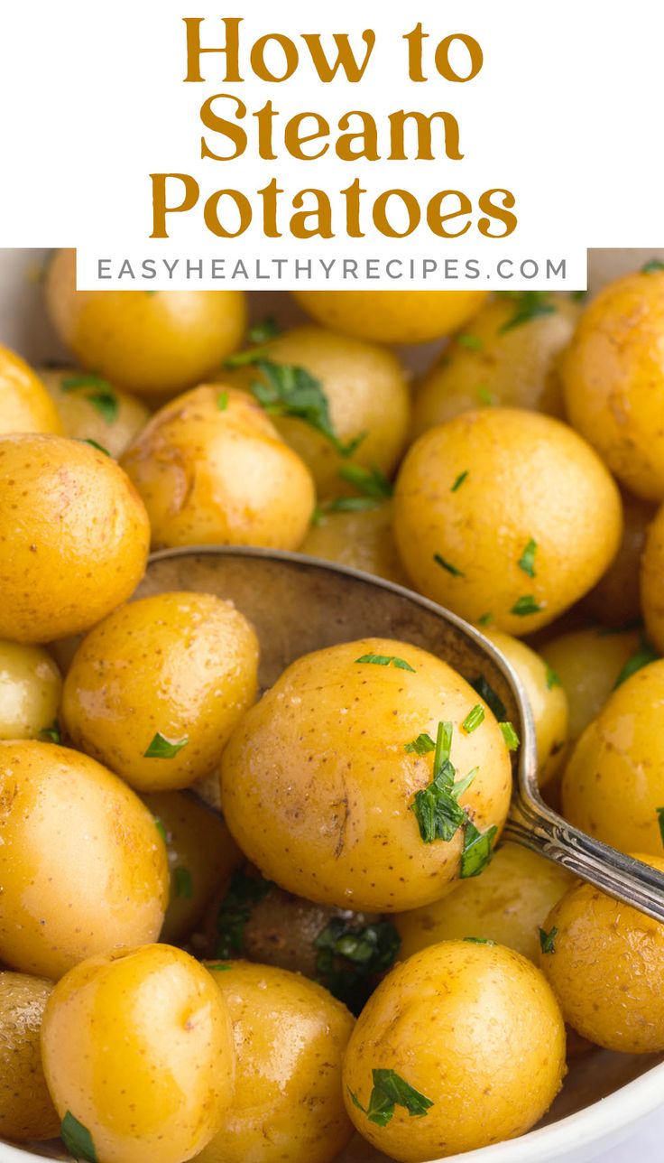 how to steam potatoes in a white bowl with a ladle and title overlay