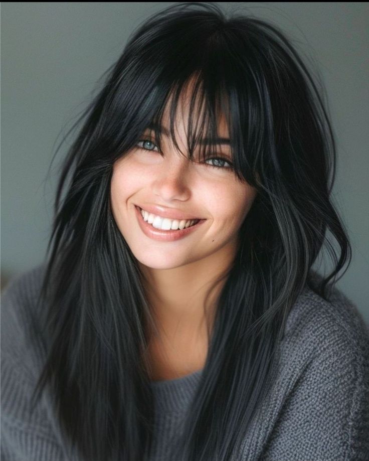 Short Haircut For Black Hair, Layers Black Hair Medium, Side Bangs Layered Hair Medium, Hair Side Part Hairstyles, Long Textured Shag Haircut, Black Shoulder Length Hair With Layers, Long Length Hair With Bangs, Shoulder Length Hair And Bangs, Long Length Haircut With Bangs