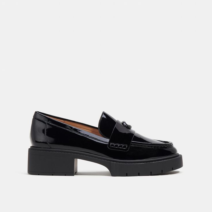 Our Leah loafer takes a timeless style to new heights with a chunky ‘90s-inspired lug sole for subtle lift. Crafted of glossy patent leather it features cushiony memory foam padding for all-day comfort and is finished with tonal Signature hardware for an iconic Coach look. | Coach Leah Loafer Shoes - Women's Size 5.5 - Black Patent Loafer Shoes Women, Signature Hardware, 90s Inspired, Lug Sole, Timeless Style, Loafer Shoes, Flat Shoes Women, Loafer Flats, Patent Leather