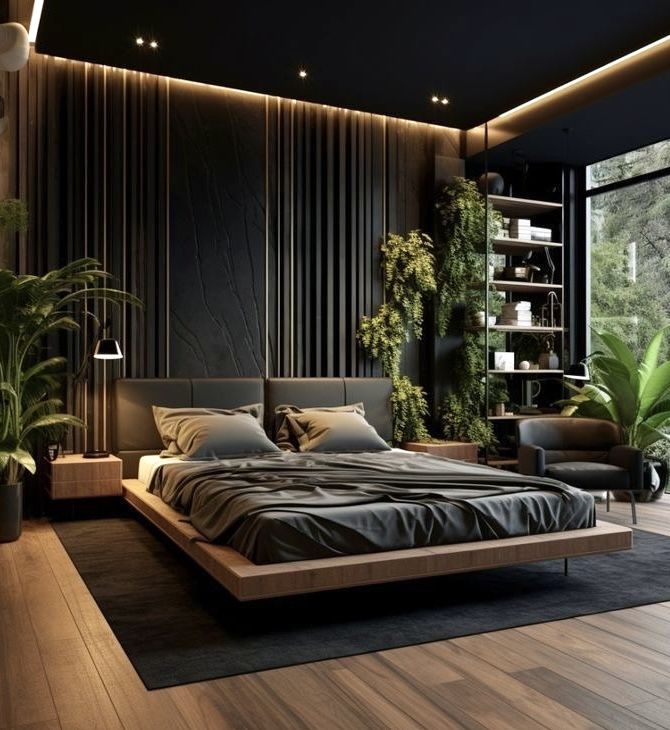 a large bed sitting in the middle of a bedroom next to a tall plant filled wall