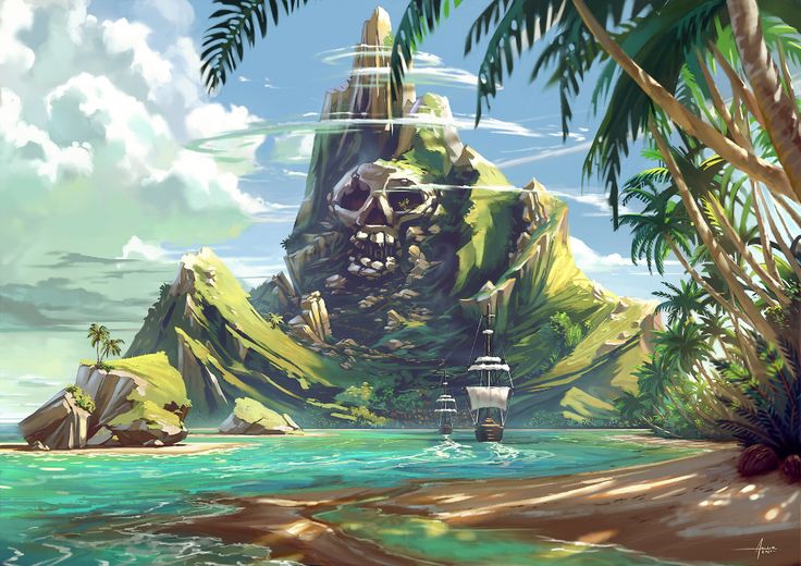 an island with a pirate ship in the water and a skull on it's head