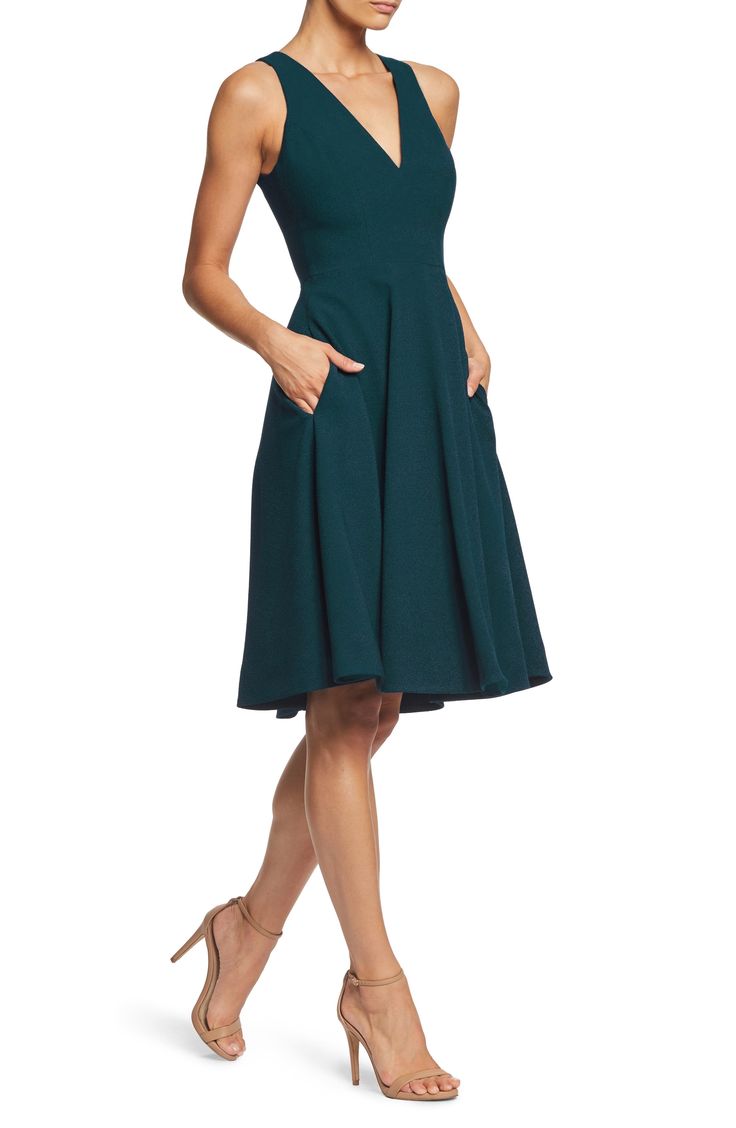 The signature drape of sleek crepe fabric brings a pleasing swing and sway to this elegant fit-and-flare dress featuring always-welcome pockets. 42" length (size Medium) Hidden back-zip closure Plunge neck Sleeveless On-seam pockets Lined 97% polyester, 3% spandex Machine wash, line dry Imported Flare Cocktail Dress, Fit And Flare Cocktail Dress, Summer Cocktail Dress, Green Cocktail Dress, Dresses Dinner, Cocktail Sauce, Wedding Guest Outfits, Summer Cocktail, Dress The Population