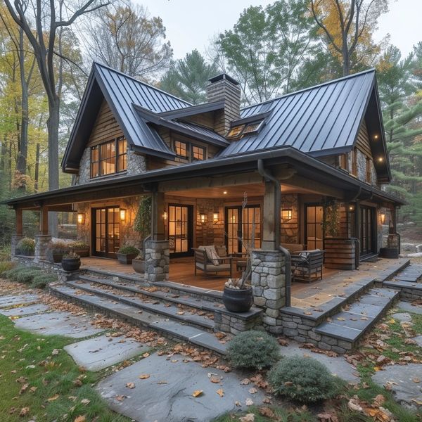 a large log home with stone steps leading up to the front door and covered porch