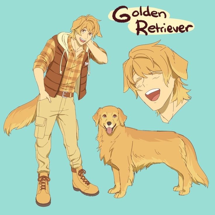 an anime character with blonde hair standing next to a golden retriever