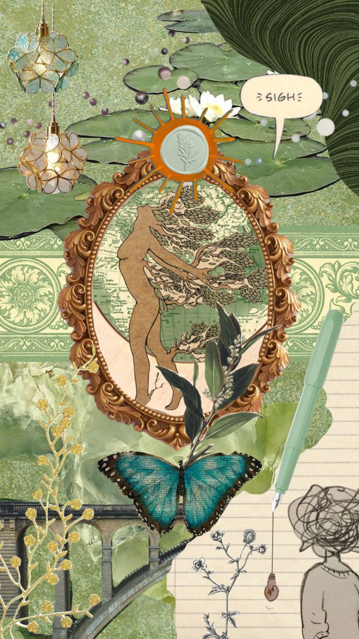 an altered collage with butterflies, flowers and other things in the middle of it