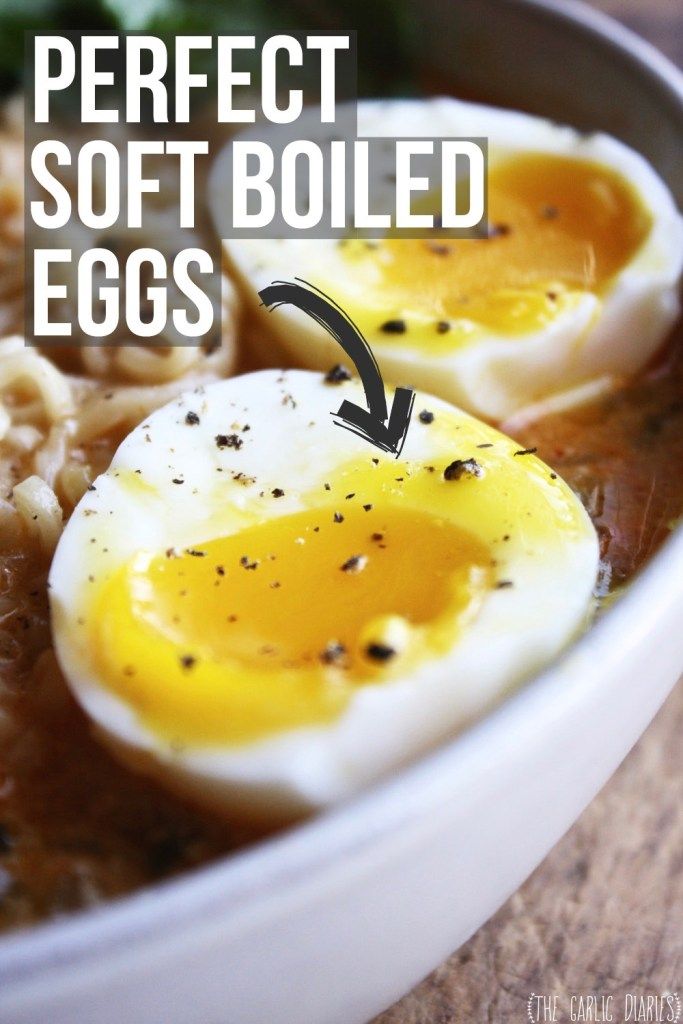 an egg and noodles dish with the words perfect soft boiled eggs