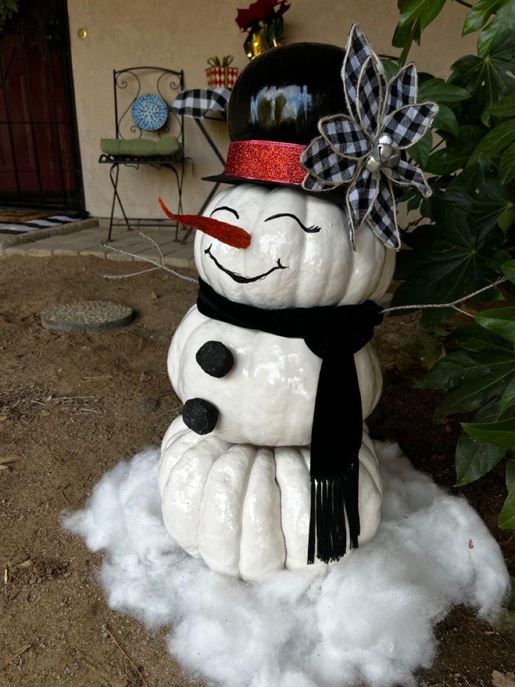 a snowman with a top hat and scarf on it's head sitting in the snow