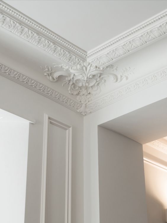 the ceiling is painted white and has an ornate design on it's crown molding