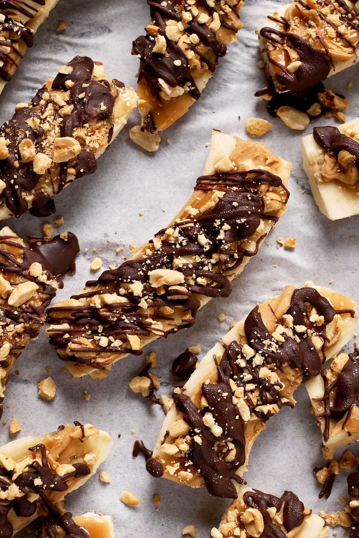 chocolate and nuts are arranged on top of each other to make an appetizer