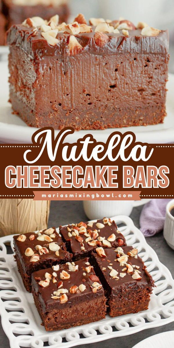 nutella cheesecake bars with chocolate frosting and nuts in the middle on a white plate