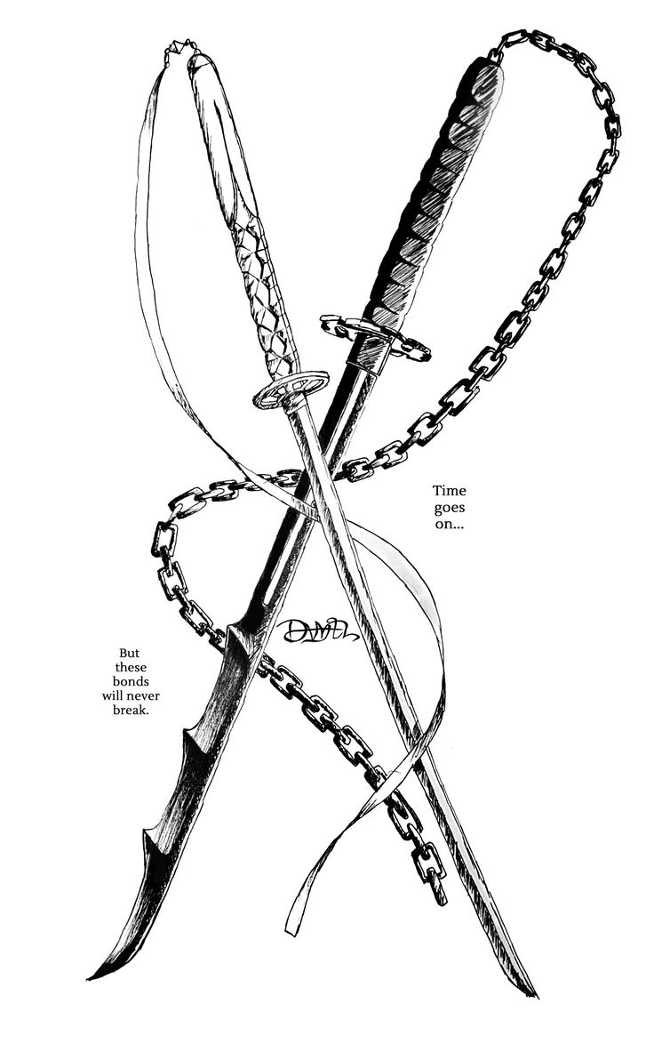 a drawing of two swords with chains attached to them