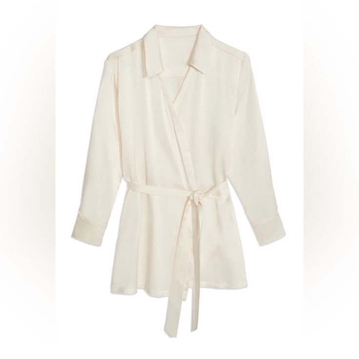 Short Ivory Silk Robe Spring White Blouse With Tie Waist, White Fitted Blouse With Tie Waist, Fitted White Blouse With Tie Waist, Chic White Blouse With Tie Waist, Chic White Tops With Tie Waist, Elegant White Top With Tie Waist, Elegant Winter White Tops For Workwear, Elegant Off-white Tops For Work, Elegant Winter White Workwear Tops