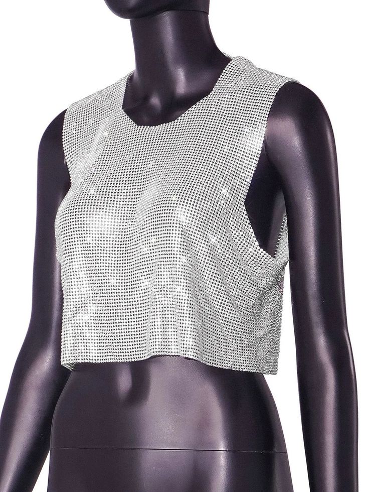 Rhinestone crop top. One size top fits most sizes as it has adjustable chains on back. Evening Crop Top With Rhinestones, Chic Embellished Crop Top For Club, Spring Glamorous Crop Top With Rhinestones, Sleeveless Rhinestones Crop Top For Evening, Sleeveless Evening Crop Top With Rhinestones, Sleeveless Rhinestone Evening Crop Top, Chic Embellished Cropped Crop Top, Crystal Embellished Tops For Night Out In Summer, Glamorous Silver Crop Top With Rhinestones