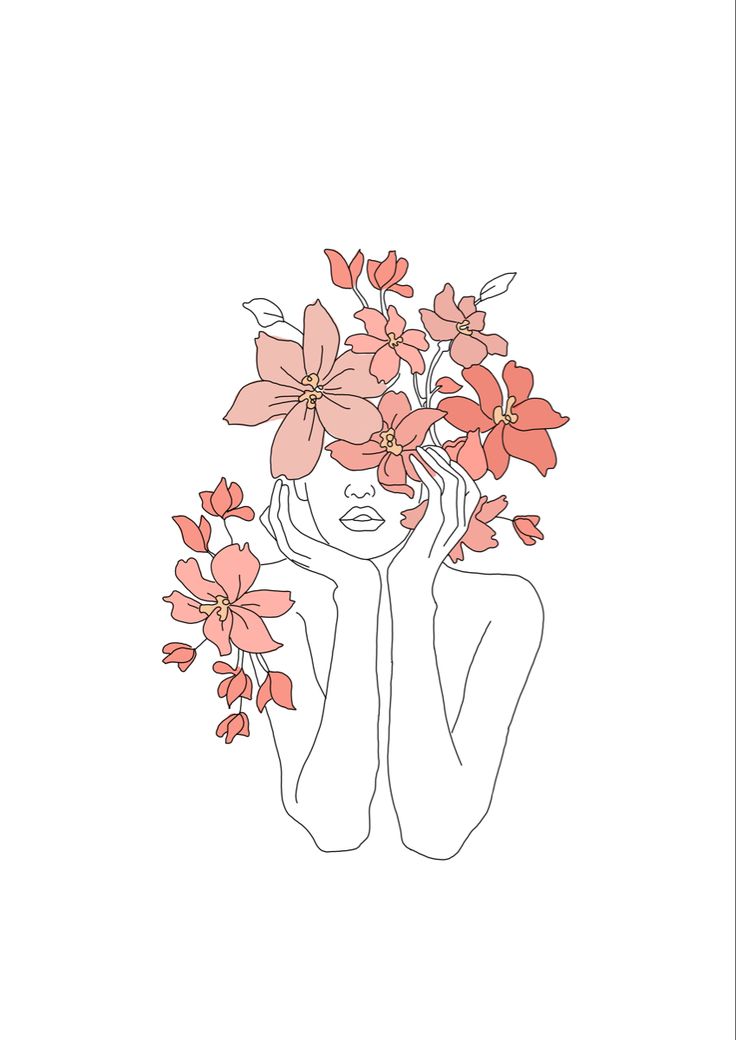 a drawing of a woman holding flowers in her hair and looking at the camera with one hand on her head