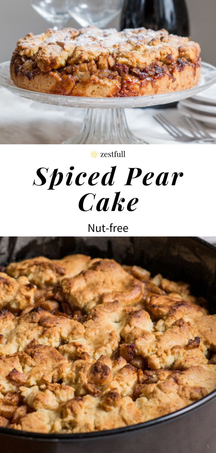 a close up of a cake in a pan with the words speed pear cake next to it