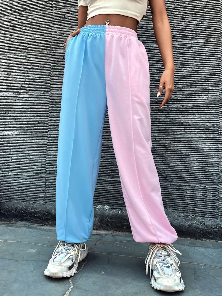 Multicolor    Polyester Colorblock  Embellished Slight Stretch All Women Bottoms Split Colored Pants, Blue Pants Outfit, Women Sweatpants, Women Bottoms, Blue Pin, Colored Pants, Pants Blue, Blue Pants, Pants Color