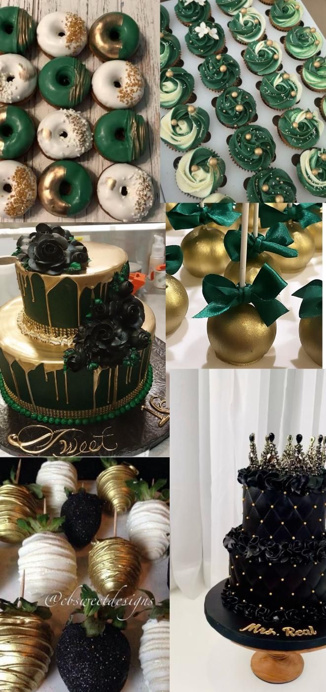 a collage of different cakes, donuts and desserts with green ribbons on them