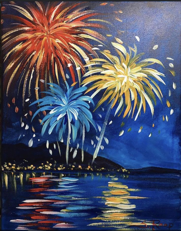 a painting of fireworks on the water