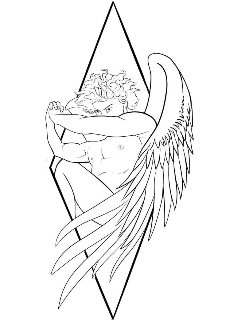 an angel with wings on his chest is shown in the shape of a triangle, and has