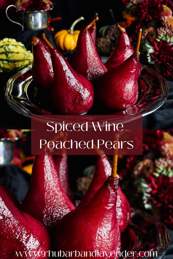 some pears are sitting on a plate with the words spiced wine poached pear