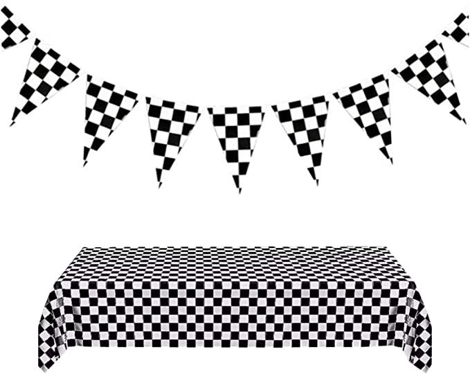 a black and white checkered table cloth with bunting