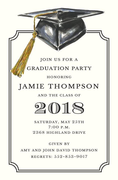 a graduation party card with a mortar cap on it