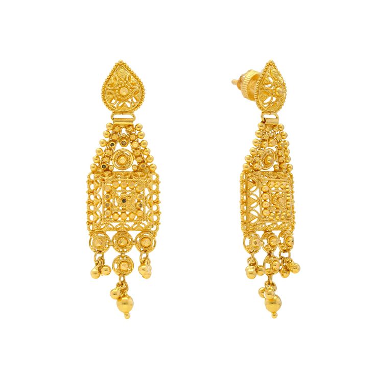 These gorgeous Indian gold earrings feature a sophisticated drop/dangle design, filigree work, and beaded details. Pair this set of 22k gold earrings with other gold jewelry from Virani to complete the look. Features • 22k yellow gold • Beading • Filigree Virani Jewelers is a leading Indian gold jewelry store in the Iselin, New Jersey specializing in exquisite 22k gold jewelry designs. Shop with us for the finest Indian jewelry and experience the beauty and elegance of our luxury gold jewelry cr Indian Gold Earrings, Gold Jewelry Designs, Luxury Gold Jewelry, 22k Gold Earrings, 22k Gold Jewelry, Gold Jewelry Stores, Gold Bead Necklace, Filigree Earrings, Gold Jewelry Indian