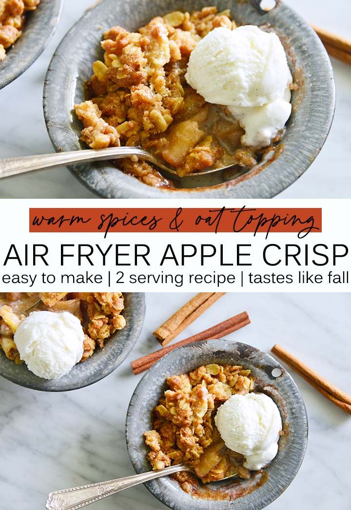 two bowls filled with apple crisp and ice cream on top of a marble countertop