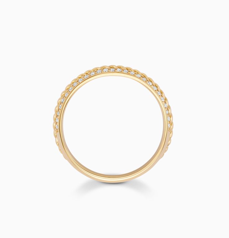 Striking in its elegant simplicity, this Twisted Gold Ring with Diamond Pavé honours the traditional charm of unadorned gold with a modern twist. Like all Ecksand jewels, this ring is handcrafted in our green atelier using high-end recycled gold. Accent diamonds: 0.20+ ctw, VS2+/F+ Setting: Grain setting Timeless Diamond Rings Tarnish Resistant, Classic Tarnish Resistant Diamond Ring, Tarnish Resistant Diamond Rings Fine Jewelry, Elegant Tarnish-resistant Diamond Ring, Timeless Tarnish Resistant Diamond Ring, Yellow Gold Open Band With Diamond Cut, Classic 14k Yellow Gold Chain Ring, Fine Jewelry Tarnish Resistant Rings With Round Cut, Fine Jewelry Tarnish Resistant Round Cut Rings