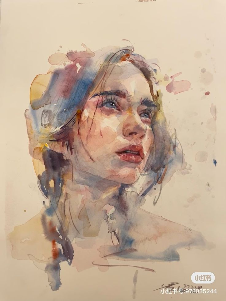 a watercolor painting of a woman's face and neck, with her eyes closed