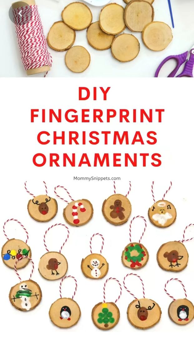 christmas ornaments made out of wood and string with text overlay that reads diy fingerprint christmas ornaments