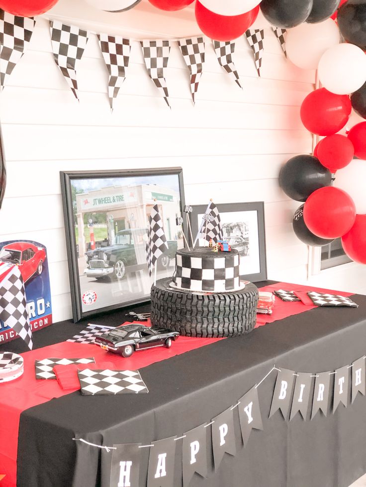 a race car themed birthday party with balloons