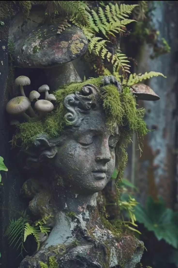 a statue with moss growing on it's head in the middle of a forest