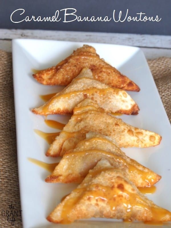 caramel banana wontons on a white plate