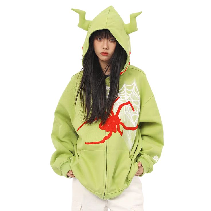 Indulge in luxury with our Monster Spider Letter Embroidered Hoodie. This premium hoodie features intricate embroidery of a monster spider, adding a touch of sophistication to your wardrobe. Stay stylish and comfortable with this exclusive piece, perfect for any fashion enthusiast. Features: -60%Cotton,40% Polyester -Fixed Hoodiek -Super Soft Fabric -Cartoon Boy -Regular Fit -Unisex Style -320g Halloween Cotton Hooded Jacket With Long Sleeves, Cotton Long Sleeve Hooded Jacket For Halloween, Cotton Outerwear With Drawstring Hood For Halloween, Halloween Hooded Jacket With Adjustable Hood, Halloween Long Sleeve Hooded Jacket With Adjustable Hood, Green Hooded Halloween Hoodie, Hooded Embroidered Sweatshirt For Halloween, Winter Green Embroidered Hoodie, Monster Spider