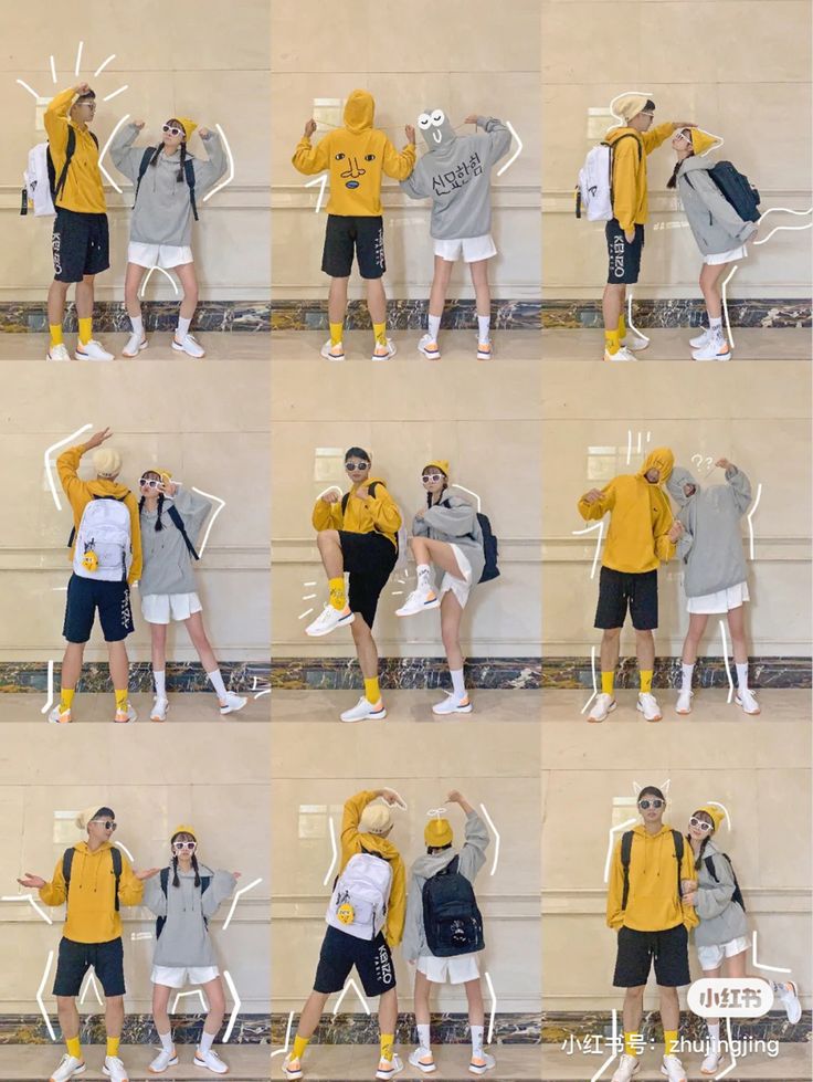 several photos of people in different poses with their arms around each other and wearing hoodies