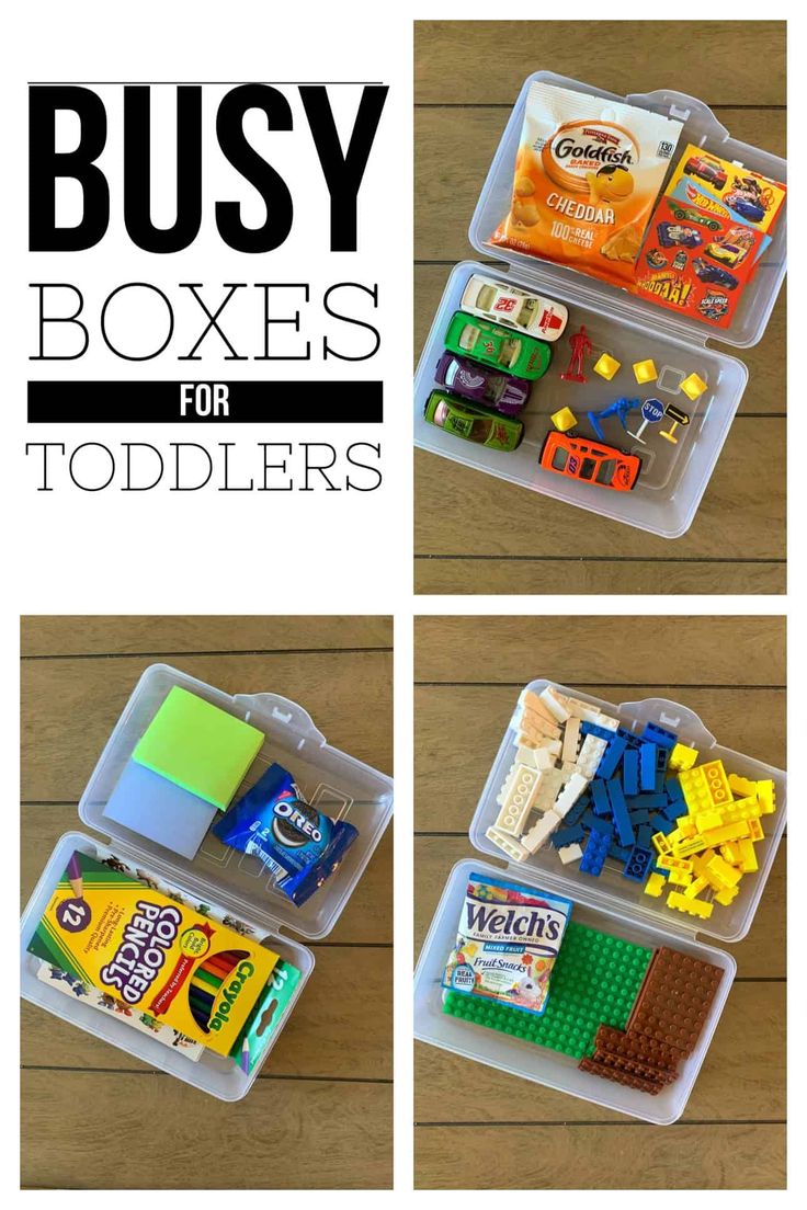 three plastic storage boxes filled with toys on top of a wooden table and the words busy boxes for toddlers above them