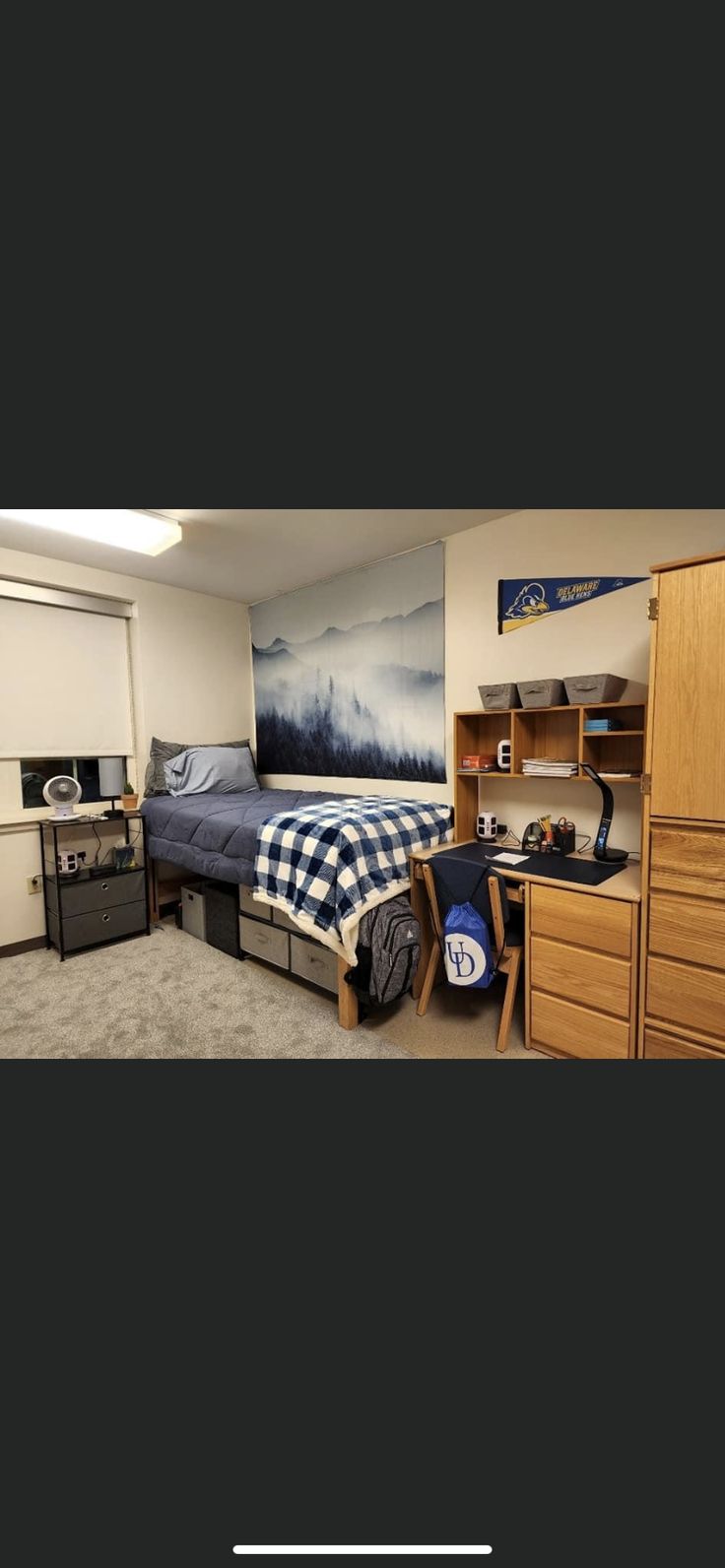 a bedroom with a bed, desk and dresser in it's center area next to a painting on the wall