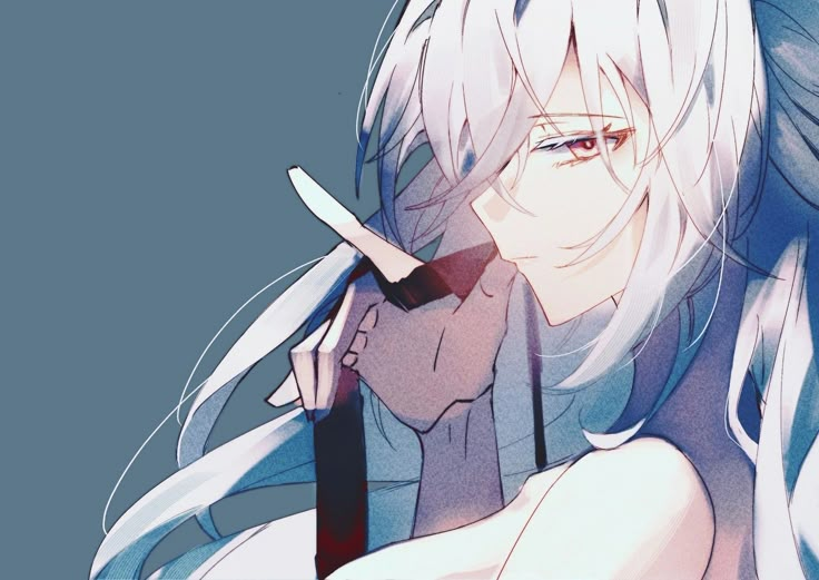 an anime character with white hair holding a knife