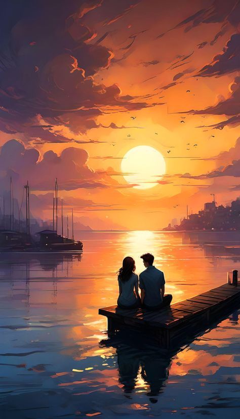 two people sitting on a dock watching the sunset