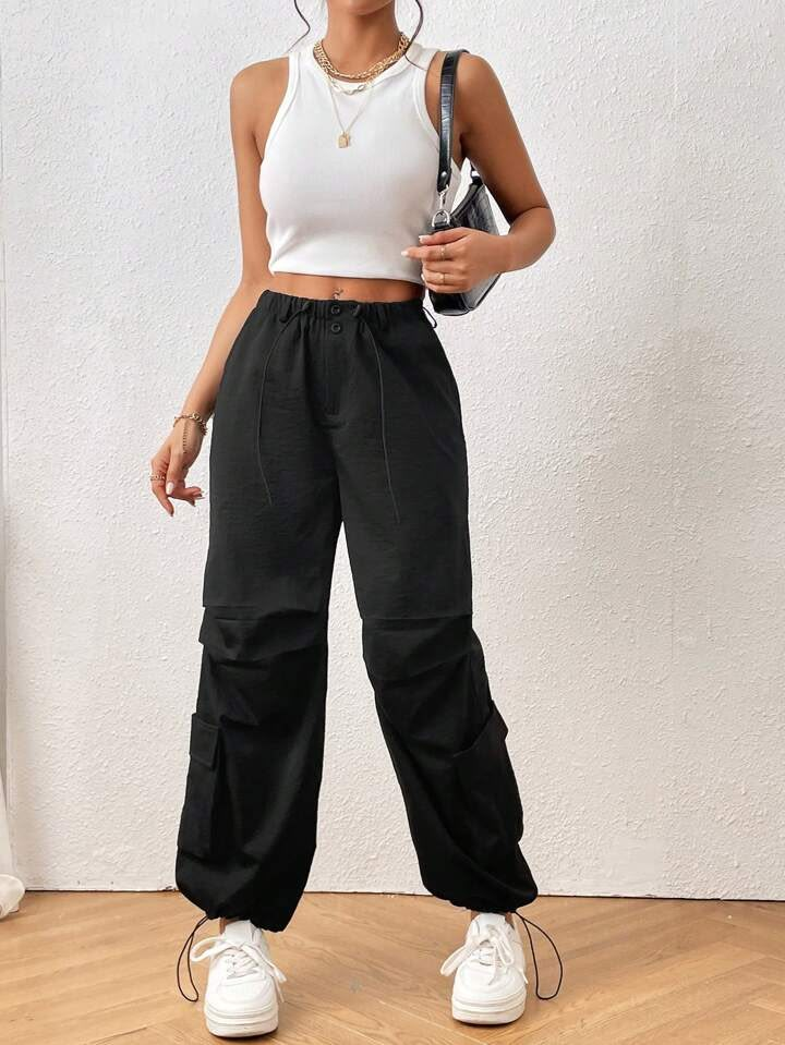 Shop parachute pants Online | Big Deals & New Collection | SHEIN Australia Black Drawstring Cargo Pants Outfit, Cargo Outfits Women, Black Cargo Pants Women, Rocker Chic Outfit, Cargo Pants Women Outfit, Parachute Pants Outfit, Pants Embellished, Parachute Trousers, Cargo Outfit