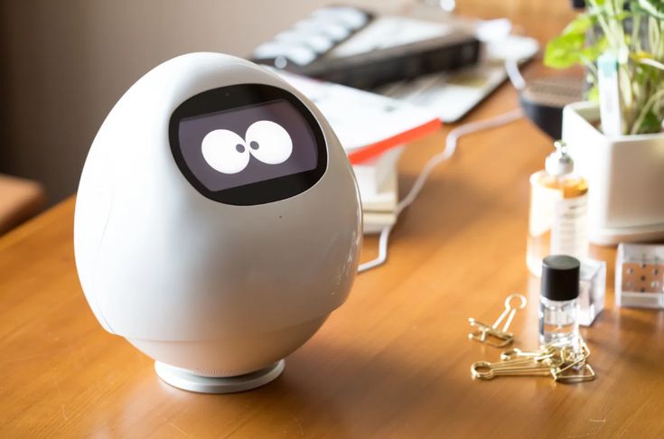 an egg shaped device sitting on top of a wooden table next to a potted plant